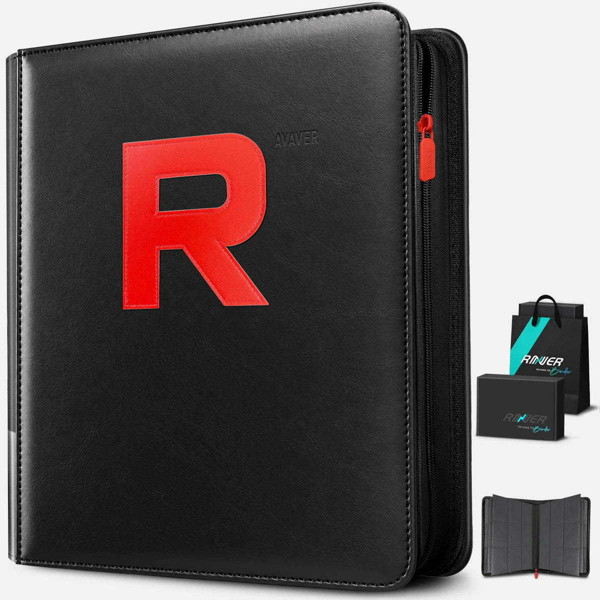 Black toploader binder shown with gift packaging and an interior page preview