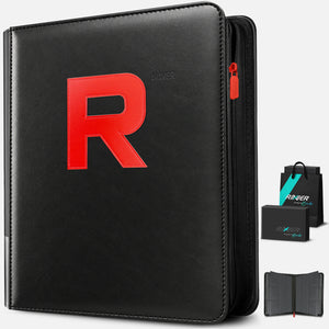 Black toploader binder shown with gift packaging and an interior page preview