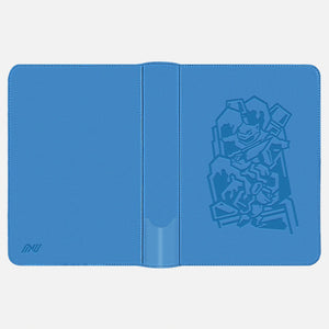 Pokemon card binder laid flat showing full blue leather cover with embossed Blastoise design